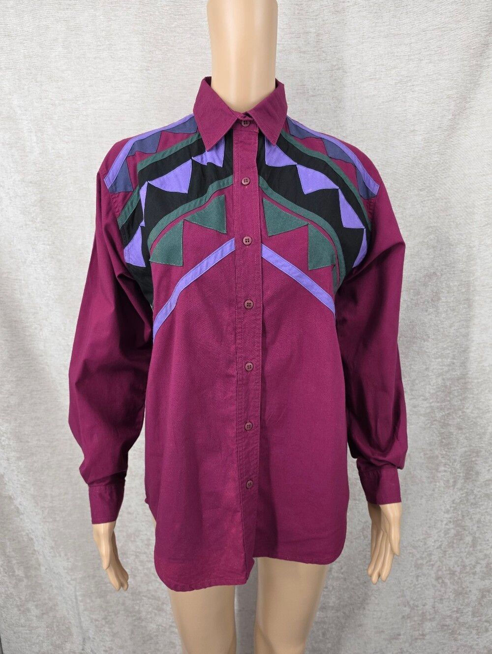 Vintage Western Aztec Patchwork Burgundy Geometric Long Sleeve Shirt